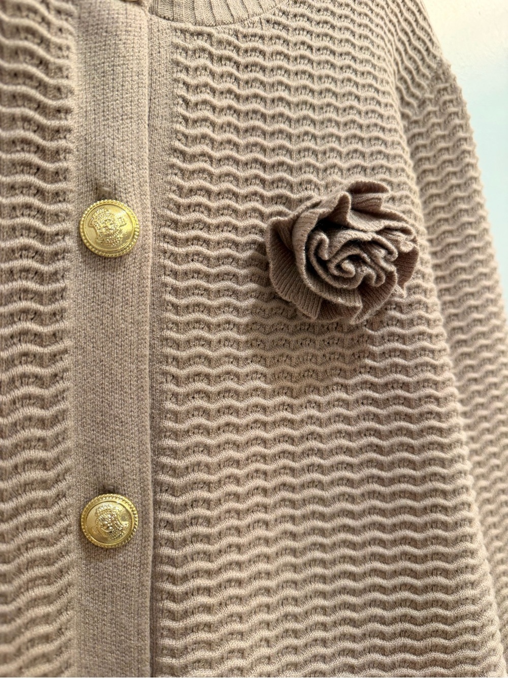 Rachel Zoe Rosette Wavy Knit Cardigan Sweater Women’s XL Tan Gold Lion Button - Picture 3 of 10